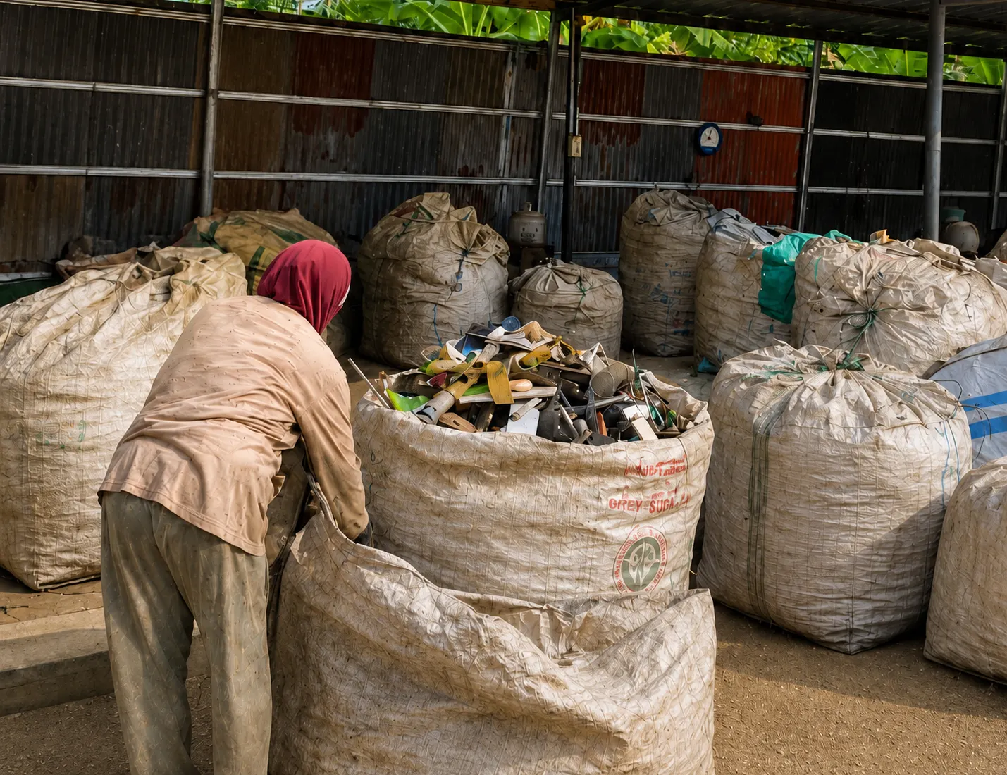 Pekerja memilah bahan baku plastik dalam karung besar di area sortir RRA Plastik